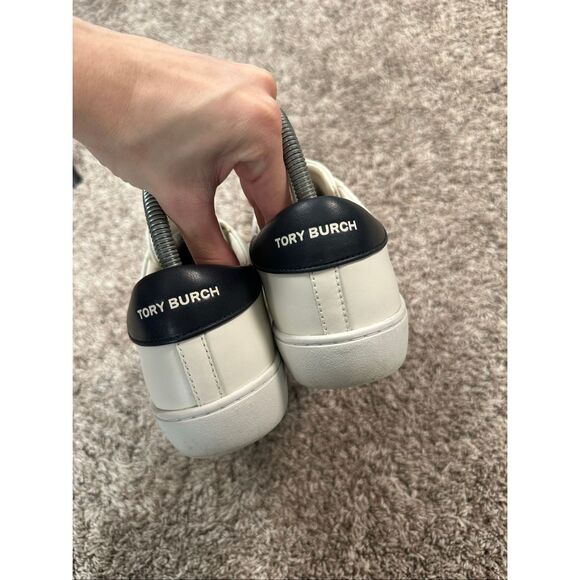 Tory Burch Leigh T-Logo Sneaker Calf Leather Cream/Grey Women’s Size 7 - Picture 4 of 11